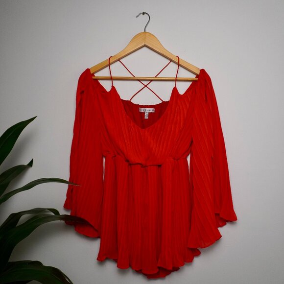 Rare London Red Pleated Off-Shoulder Romper with Bell Sleeves - Picture 3 of 7